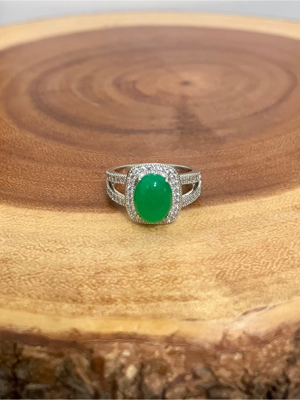 Lab Created Jade And CZ Halo White Gold Filled Ring NWOT